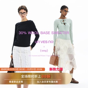 Unvesno 12针轻柔30羊毛混纺蝴蝶结系带打底毛衣 正反两穿