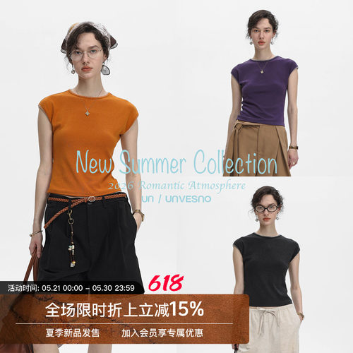 Unvesno(UN)慵懒松弛百搭圆领连肩手工锁边基础女款短袖T恤