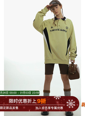 Unvesno (UN) Blockcore风拼接面料撞色POLO加绒卫衣秋冬款