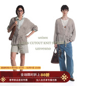 镂空肌理 Unvesno 老钱风亚麻棉混纺串珠针织V领开衫 毛衣