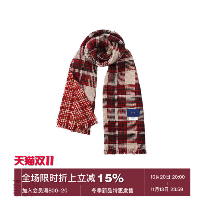 Unvesno (UN) 冬季红色格子英伦百搭流苏保暖围巾