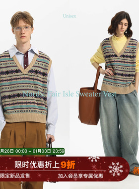 【费尔岛提花】Unvesno(UN)秋季暖多色条纹针织毛衣背心 男女同款