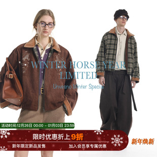 Unvesno 双面穿 马头刺绣仿骆马绒拼接格纹短夹克 马年限定