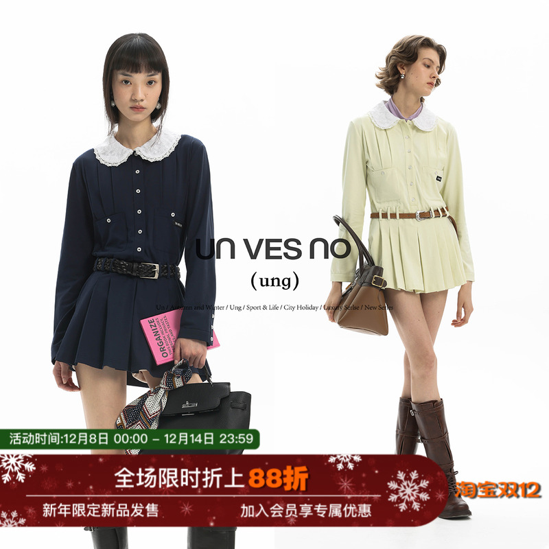 【两穿】Unvesno(UN) ung系列娃娃领蕾丝花边长袖百褶polo连衣裙