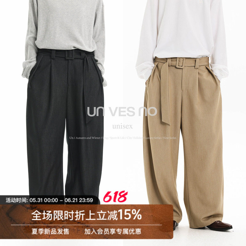 【挺括垂感】Unvesno(UN) 秋季休闲老钱风腰带可调节休闲西裤