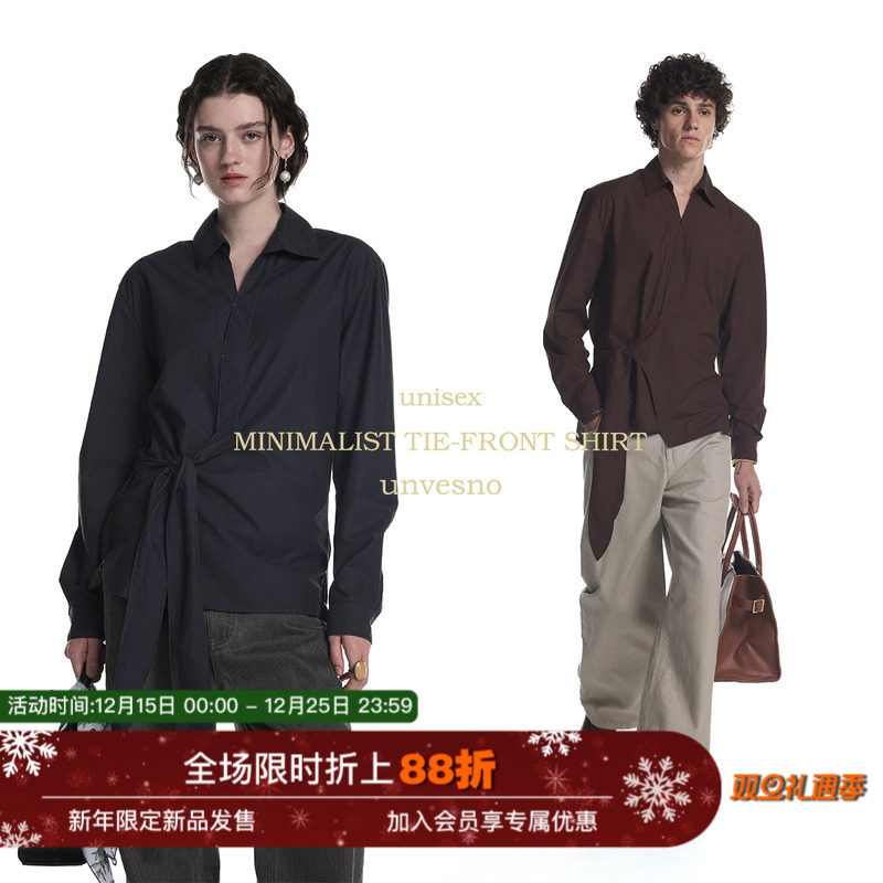 【多穿结构】Unvesno(UN)老钱秋季做旧交叉系带收腰廓形长袖衬衫