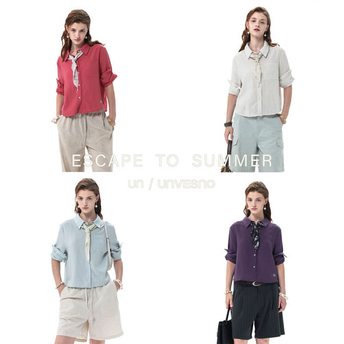 【附带丝巾】Unvesno(UN)海岛来信·莱赛尔亚麻卷袖正肩女装衬衫