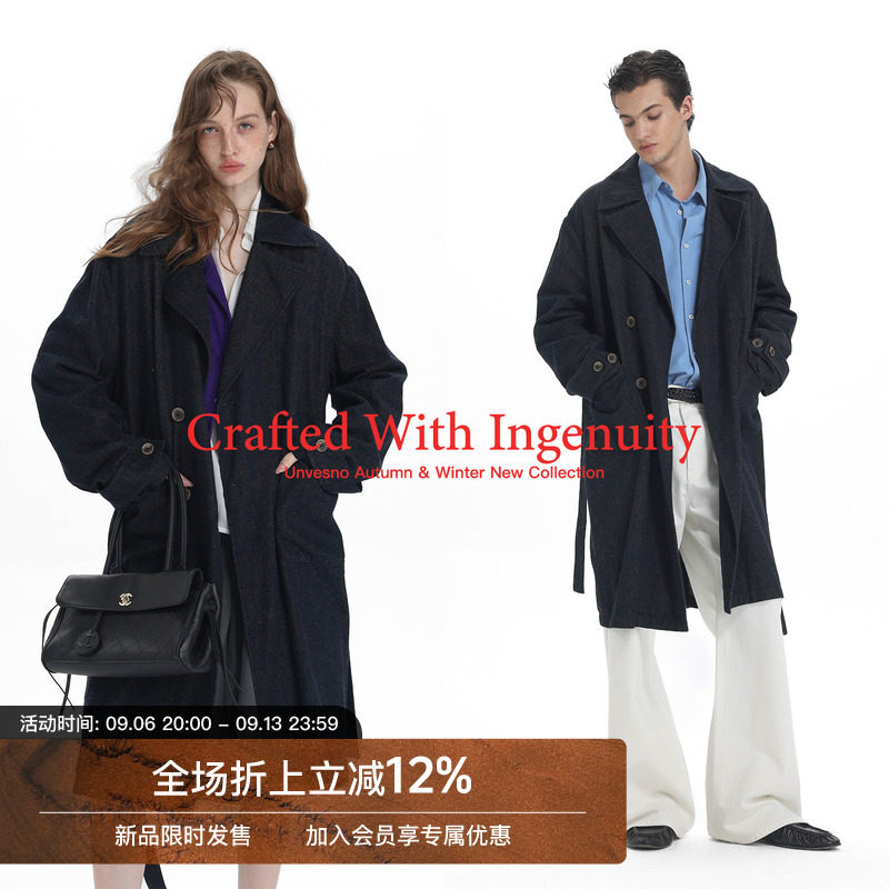 Unvesno(UN)结构西装亚麻混纺牛仔风衣外套 配腰带图片