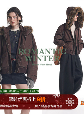 【可拆卸毛领】Unvesno(UN))巴恩风复古怀旧洗褪短廓连帽棉服夹克