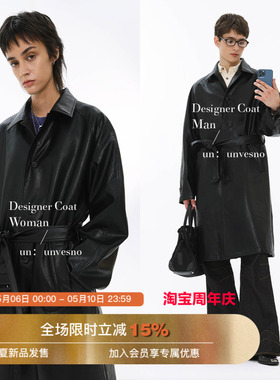 Unvesno(UN) 诺丁山皮衣翻领中长款复古知识分子风衣秋冬风衣外套