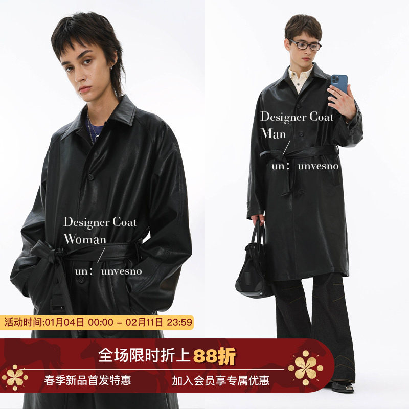 Unvesno(UN) 诺丁山皮衣翻领中长款复古知识分子风衣秋冬风衣外套