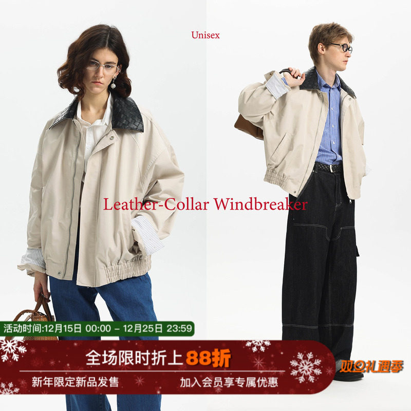 【巴恩风】Unvesno(UN)秋季“Barnfit”防泼水格纹皮革翻领夹克