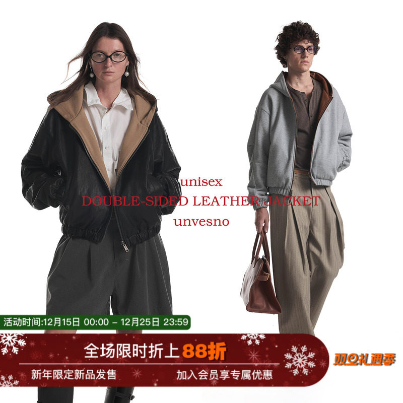 【双面穿】Unvesno(UN)Row风进口保暖仿真皮卫衣连帽皮衣外套夹克