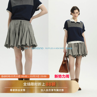 Unvesno 插边百褶洗褪肌理雾感A摆休闲半身裙 格蕾系