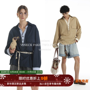假两件 V领撞色宽松休闲长袖 Unvesno 老钱莱赛尔秋季 衬衫