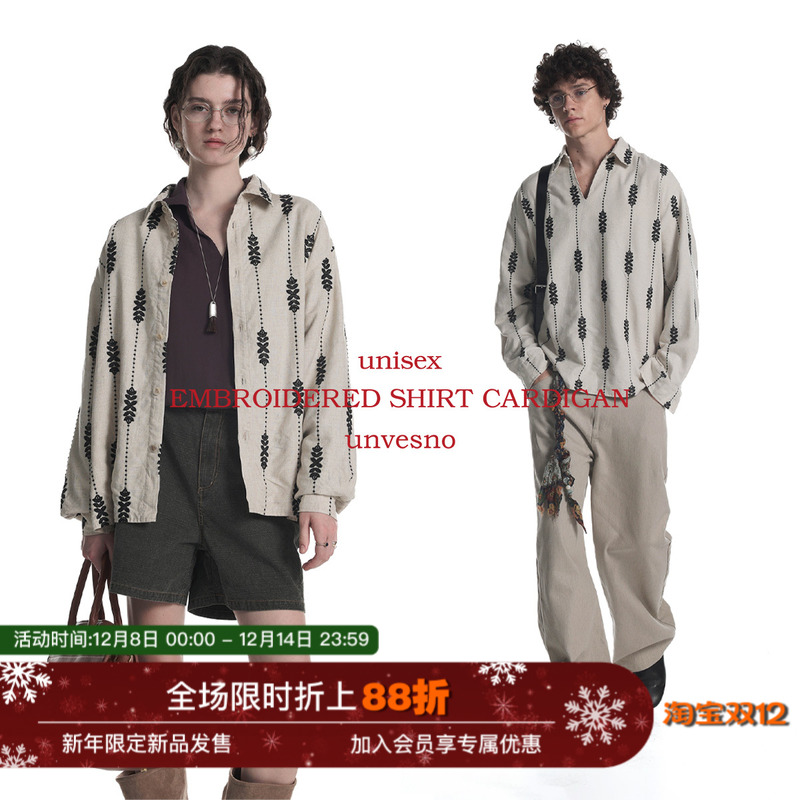 【亚麻】Unvesno(UN)老钱BC风亚麻混纺定制绣花双层V领衬衫秋季