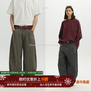 Unvesno 松弛雅痞弯刀剪裁灯笼阔腿休闲弯刀裤 水洗做旧