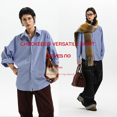 宽松廓形miu风蓝白格子长袖衬衫