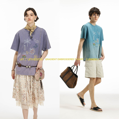 【刺绣插画】Unvesno(UN)渐变水洗平绣7A抗菌凉感防晒速干宽松T恤