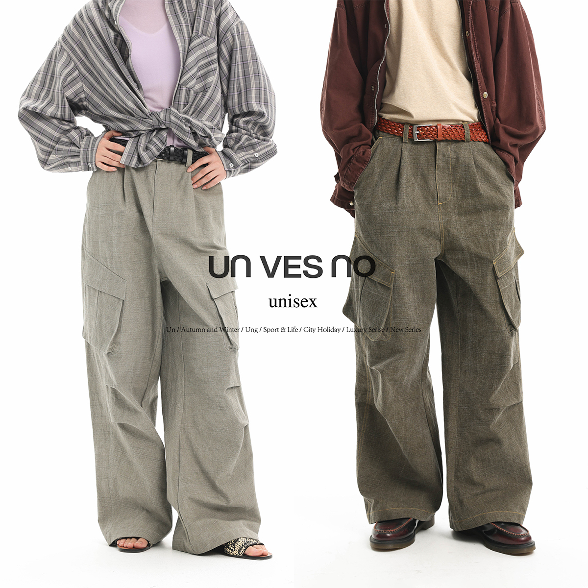 【做旧酵洗】Unvesno(UN)Vintage休闲款珠地棉斜切口袋打折工装裤