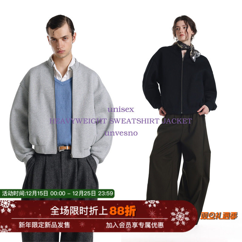 【加绒重磅700g】Unvesno(UN)简约主义休闲罗纹圆领短廓开衫卫衣