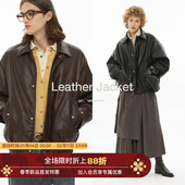 cleanfit包豪斯油蜡皮飞行短款 Unvesno 廓形科技棉保暖皮夹克