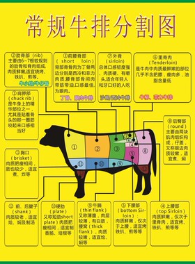 市场超市常规牛排牛肉分割图切割部位图海报牛扒分切图挂图墙贴纸