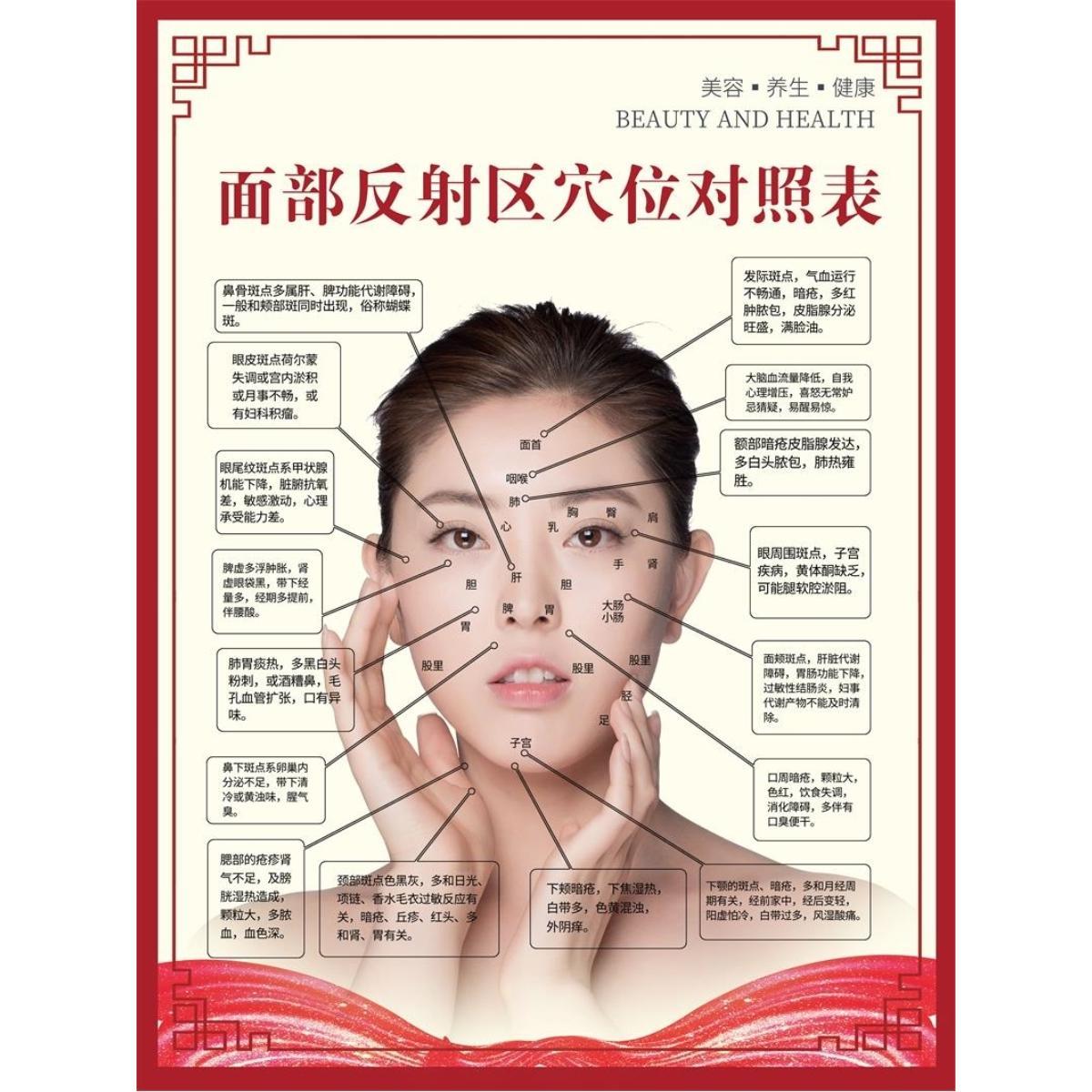 面部反射区穴位对照表挂图海报宣传画美容院中医养生墙贴纸