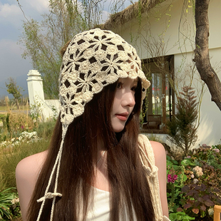 手工钩织2025新款 针织女镂空花朵堆堆帽流苏甜美可爱包头帽子 夏季