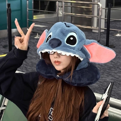 可爱史迪仔u型枕连帽旅行睡觉秋冬季长途护颈椎脖子办公室带帽子