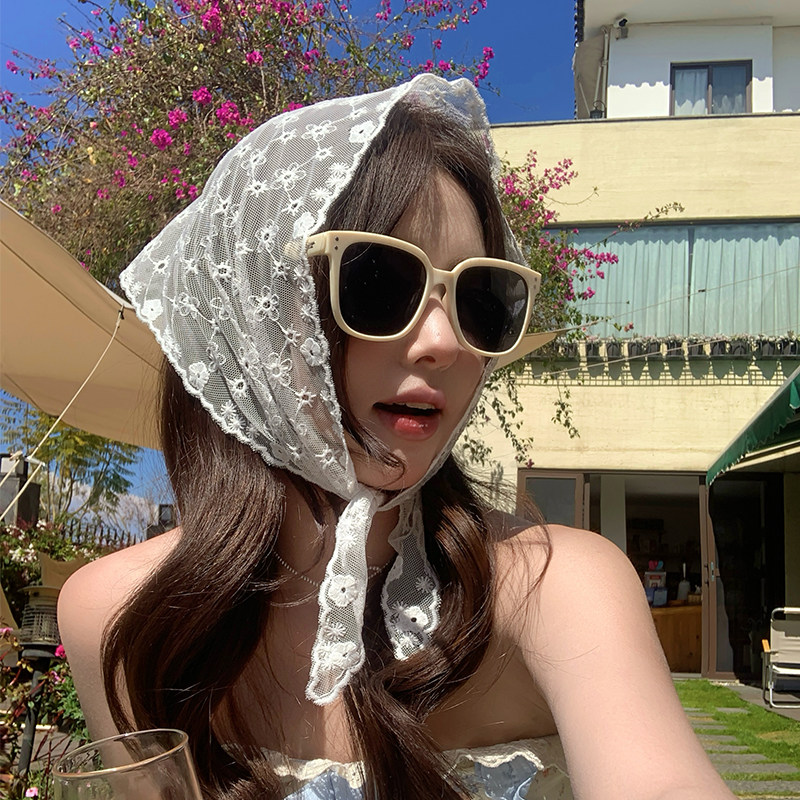 法式蕾丝花朵三角头巾女包头夏日绑发丝巾发带田园风拍照写真头饰