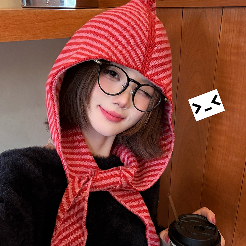 多种风格秋冬季条纹帽子围巾一体女保暖披肩围脖毛线针织帽连帽