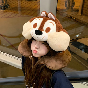 可爱花栗鼠u型枕连帽旅行便携汽车睡觉飞机护颈秋冬季枕头带帽子
