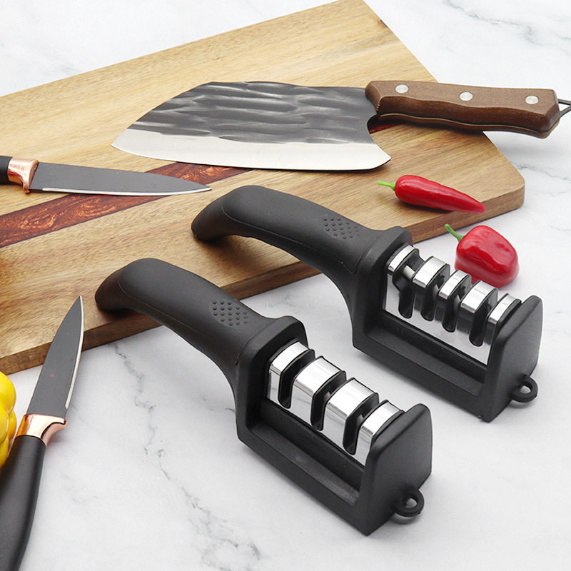 跨境家用黑色三段四段磨刀器 一体快速磨刀开刃金刚石烟斗磨刀器