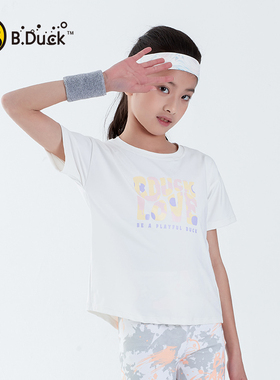 B.Duck小黄鸭女童短袖T恤2024款白色印花运动宽松休闲中大童上衣