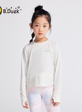 B.Duck小黄鸭女童长袖运动T恤春秋季儿童打底衫白色中大童春上衣
