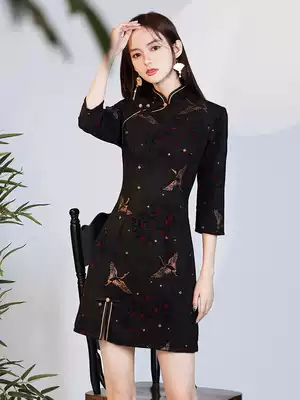 Cheongsam 2021 new improved national tide young girls daily mid-sleeve spring and autumn black Chinese style dress
