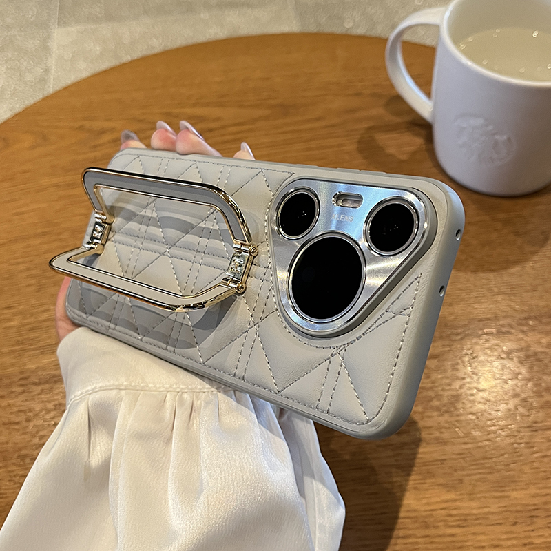 适用华为mate60pro三角皮纹小香风门扣支架手机壳mate60韩风奢华镜头mate70全包防摔pura70pro压线素皮女款潮