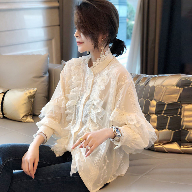 白色蕾丝衬衫女设计感小众宽松长袖洋气雪纺小衫春秋装2022欧洲站