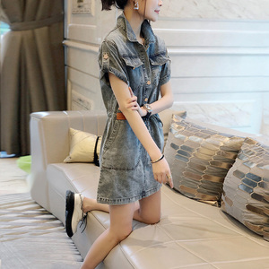 蓝色复古短袖牛仔连衣裙小个子高级感休闲裙子2023夏季新款欧洲站