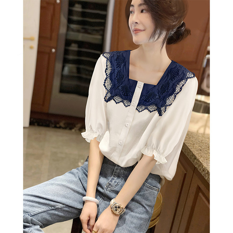 白色泡泡袖衬衫女洋气高级感薄款蕾丝雪纺小衫2023夏季新款欧洲站