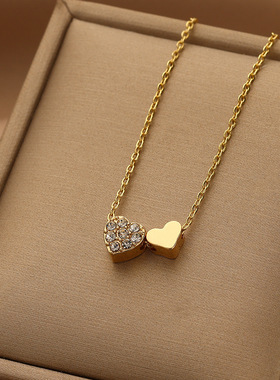 跨境金色双心吊坠项饰女 心心相印优雅气质高级感镶锆石爱心项链
