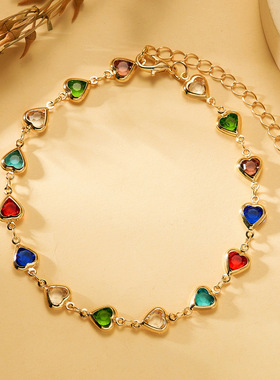 跨境彩色爱心手链女式甜美心形串珠手链糖果色玻璃钻水晶手串手链