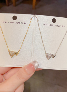 日韩精致时尚金属满钻双爱心吊坠项链个性轻奢百搭高级感超闪颈链