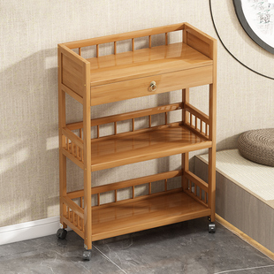 客厅实木置物架落地多层家用多功能收纳层架可移动带轮小推车置物