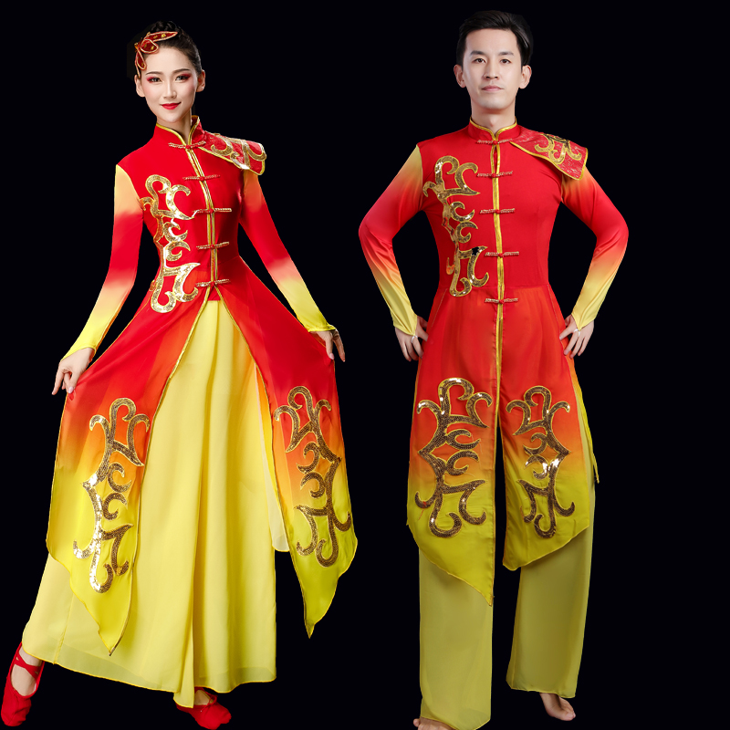 广场舞演出服男女飘逸中国风现代舞蹈民族打鼓服喜庆扇子舞开场舞