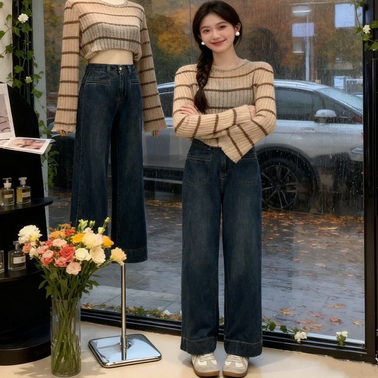 梨形身材阔腿九分牛仔裤女