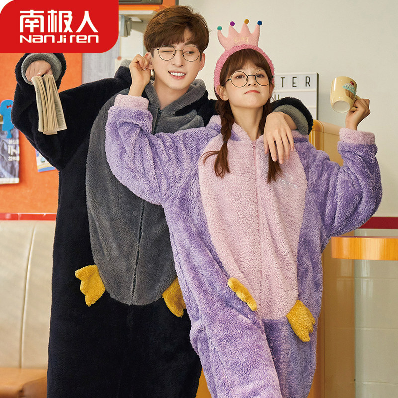 南极人珊瑚绒情侣睡衣女秋冬款卡通连体男士加厚加绒法兰绒家居服