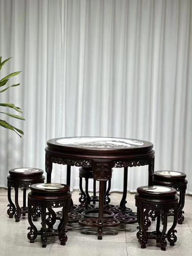 苏作印度小叶紫檀红木圆桌圆台圆凳云石茶桌中式餐桌家用餐台收藏