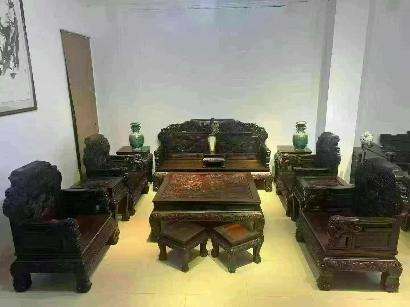 大红酸枝交趾黄檀孔雀开屏沙发椅红木家具客厅沙发组合明清古典